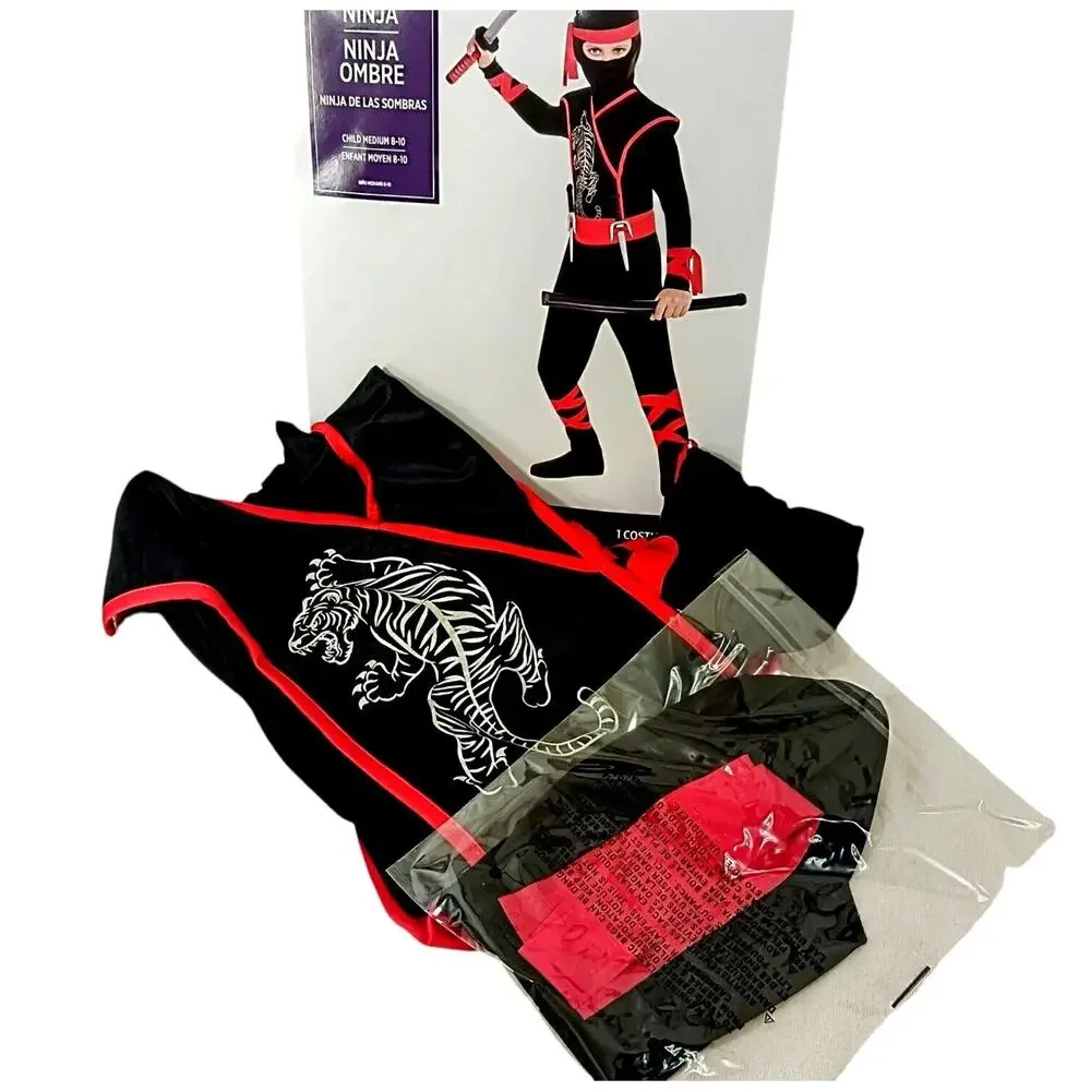 Martial Arts Ninja Asian Tiger Warrior Costume Child Sz M 8-10 BLACK Halloween
